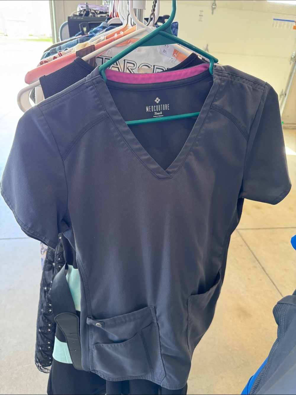 Med Couture Black Scrub Top with Pink Neck Trim
